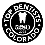 The image features a logo with text and graphic elements, including a tooth, a circular stamp-like design, numbers, and the word  TOP DENTISTS.
