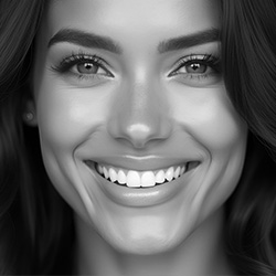 The image shows a woman with a radiant smile, displaying her teeth, against a neutral background.