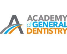 The image features a logo with text that reads  ACADEMY OF GENERAL DENTISTRY  against a background that includes a partial view of a building facade, a blue sky, and a stylized letter  A  within an orange outline.