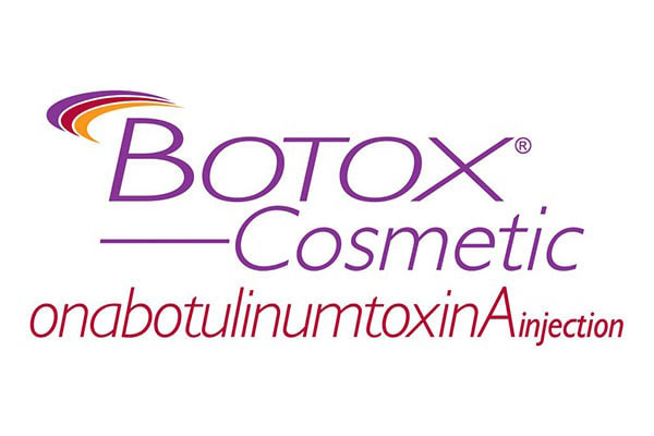 The image displays a logo with text that reads  BOTOX Cosmetic  in stylized font, followed by a tagline  onabotulinum injection  beneath it. The logo features a purple background with a white and yellow swirl design at the top left corner.