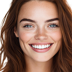 The image shows a woman with fair skin, light brown hair, and blue eyes smiling at the camera. She has a freckled complexion and appears to be in her mid-twenties to early thirties. The woman s expression is warm and inviting, and she is looking directly at the viewer. Her makeup is natural, enhancing her features without appearing overly dramatic. She has a clear complexion and her lips are slightly parted in a friendly smile.