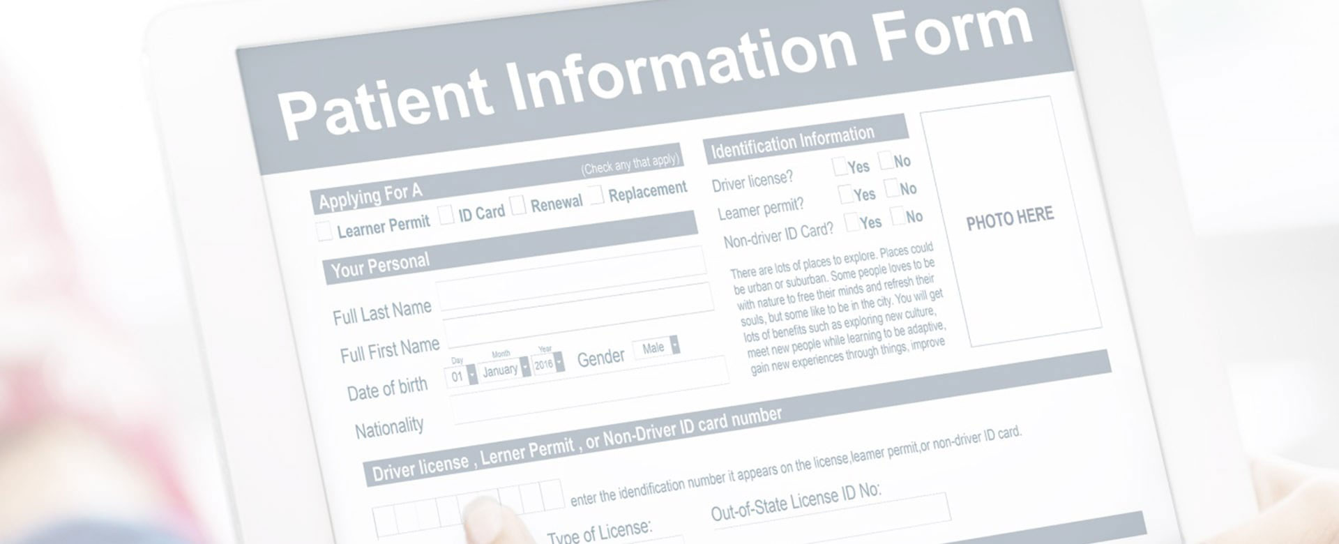 The image shows a tablet displaying a form titled PATIENT INFORMATION FORM with fields for patient details, medical history, and consent.