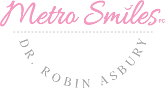 The image shows a logo for  Metro Smiles  with a stylized text design, featuring a pink background with black lettering, and includes an illustration of a smiling face.