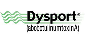 The image displays a logo with the text  Dysport  prominently displayed above a stylized graphic resembling a wave or motion line, followed by additional text that reads  abbotuinum numoxin  in a smaller font.