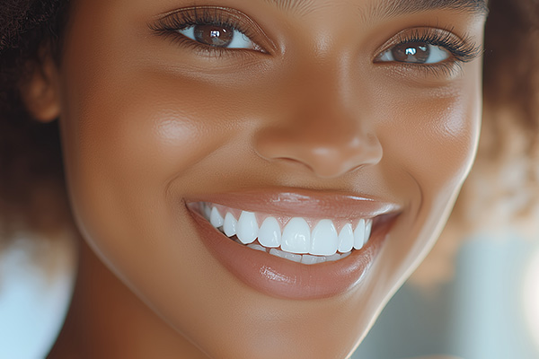 A woman with a radiant smile showcases her teeth against a blurred background.