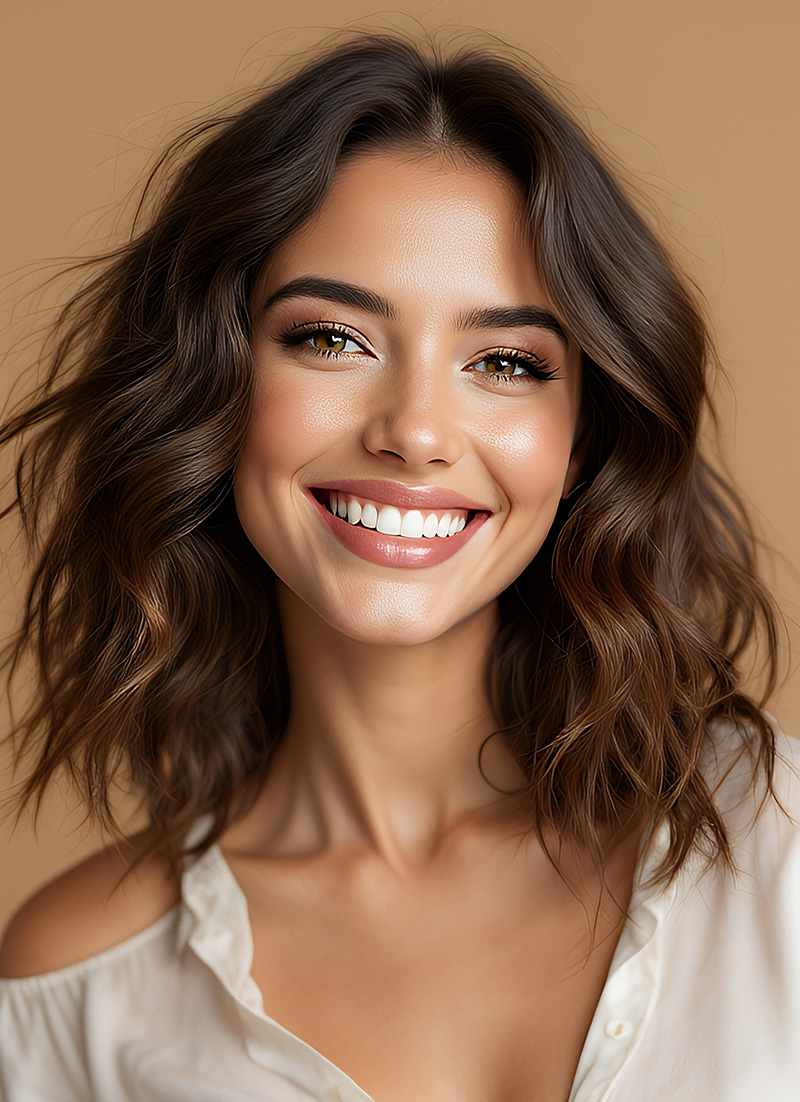 A woman with short hair smiling at the camera, wearing makeup and a light-colored top.